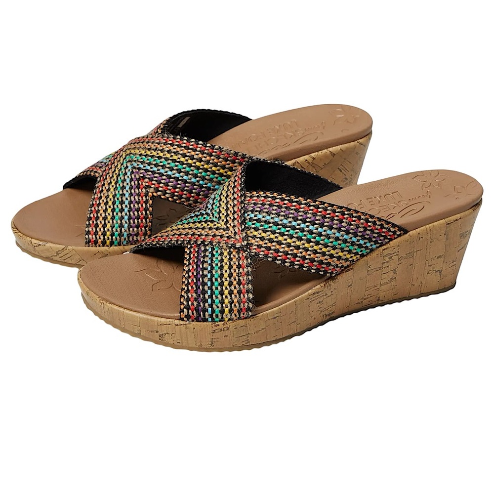 Skechers Beverlee Delighted cute multicolor woven stripe wedge sandals size 9.5